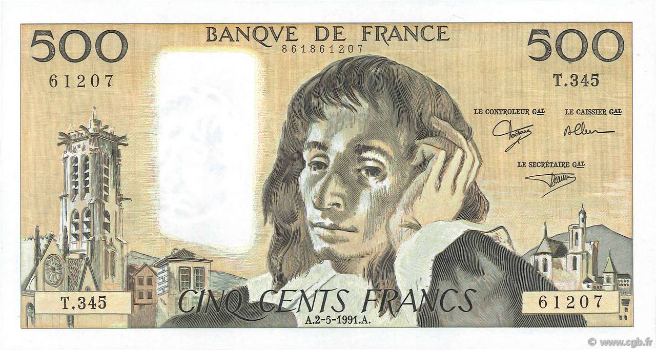 500 Francs PASCAL FRANCE  1991 F.71.47 SPL+