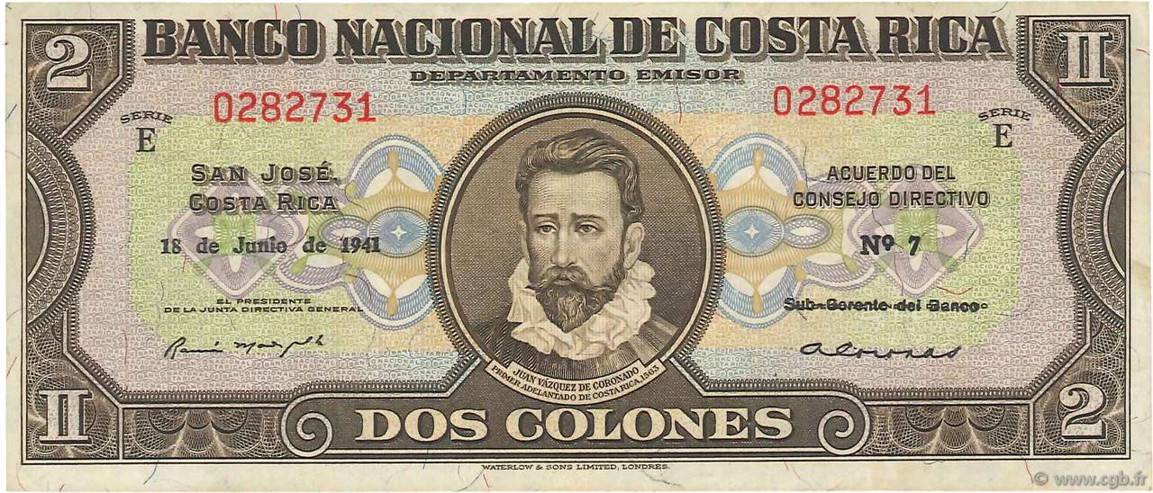 2 Colones COSTA RICA  1941 P.201b TTB