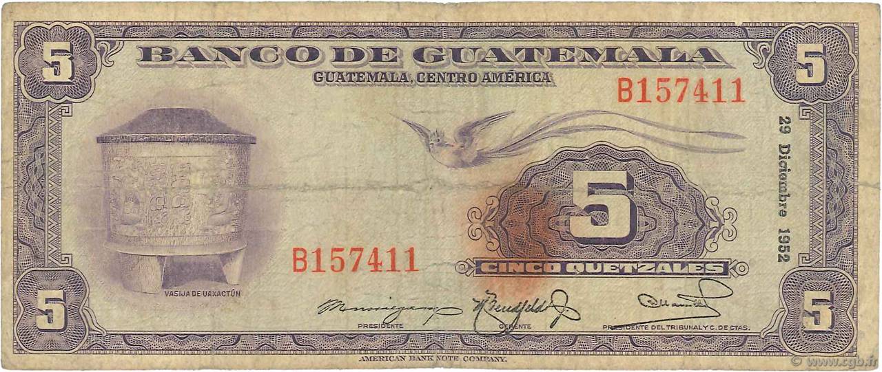 5 Quetzales GUATEMALA  1952 P.025 B