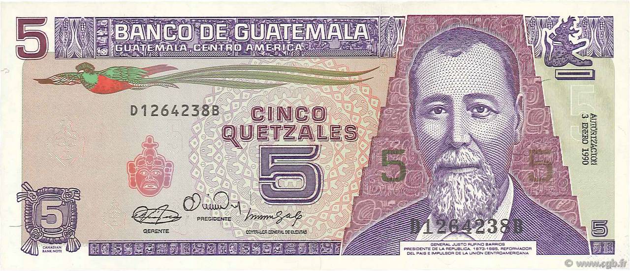 5 Quetzales GUATEMALA  1990 P.074a AU