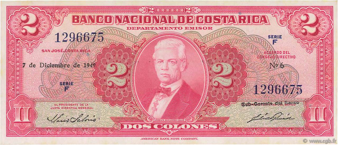 2 Colones COSTA RICA  1949 P.203b pr.NEUF