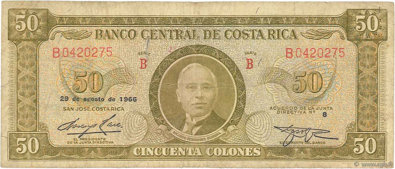 50 Colones COSTA RICA  1966 P.232 TB