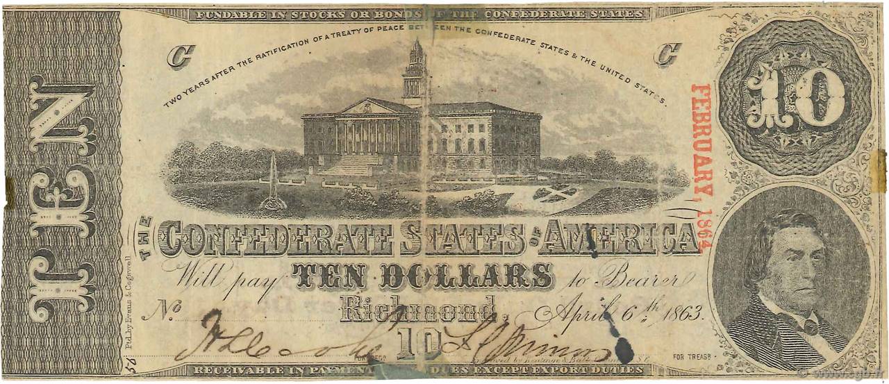 10 Dollars ÉTATS CONFÉDÉRÉS D AMÉRIQUE  1863 P.60a pr.TB