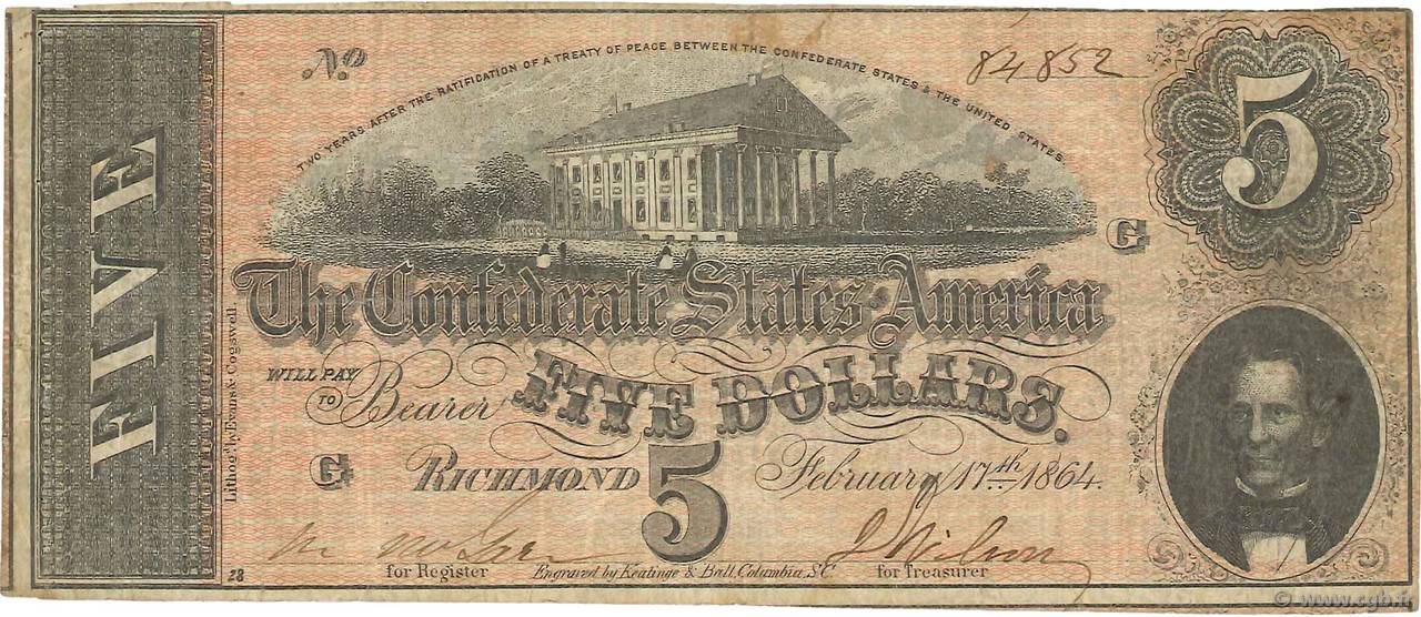 5 Dollars ÉTATS CONFÉDÉRÉS D AMÉRIQUE  1864 P.67 TB+