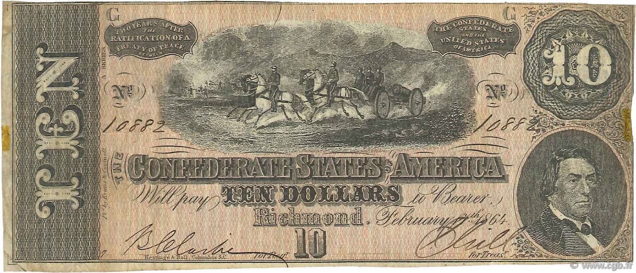 10 Dollars ÉTATS CONFÉDÉRÉS D AMÉRIQUE  1864 P.68 TB+
