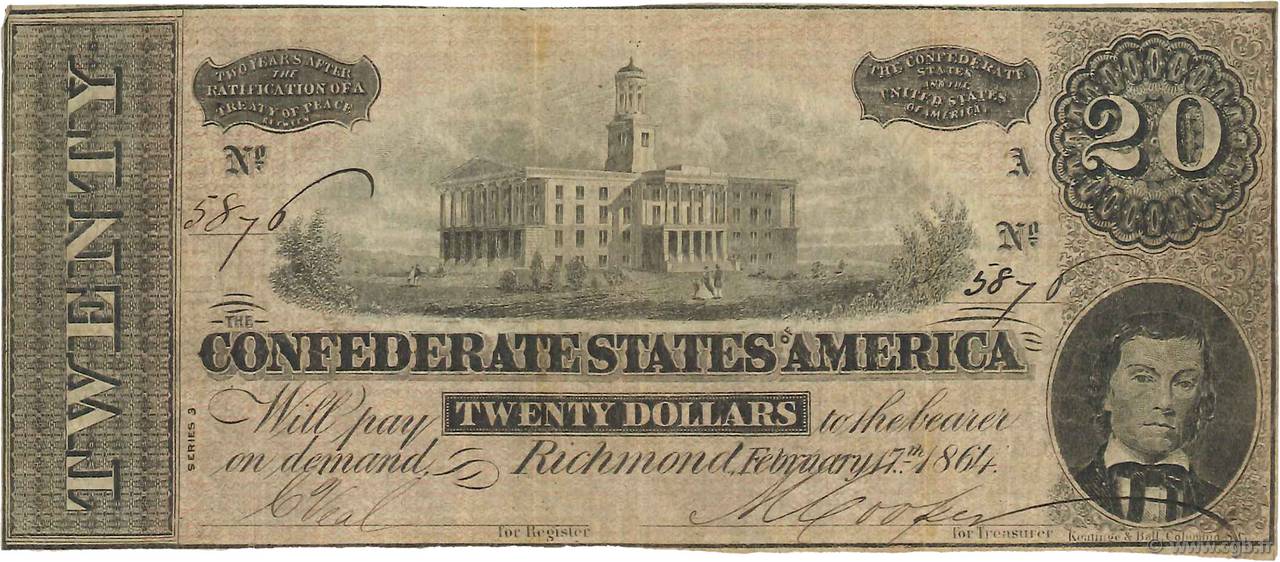 20 Dollars ÉTATS CONFÉDÉRÉS D AMÉRIQUE  1864 P.69 TB+