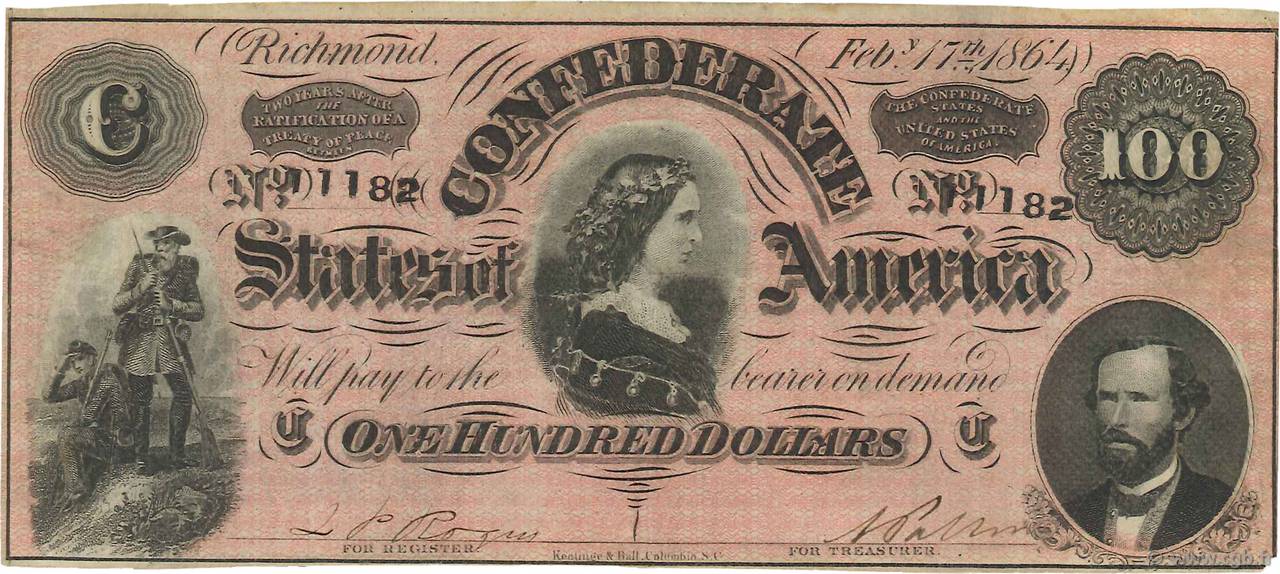 100 Dollars ÉTATS CONFÉDÉRÉS D AMÉRIQUE  1864 P.71 TTB
