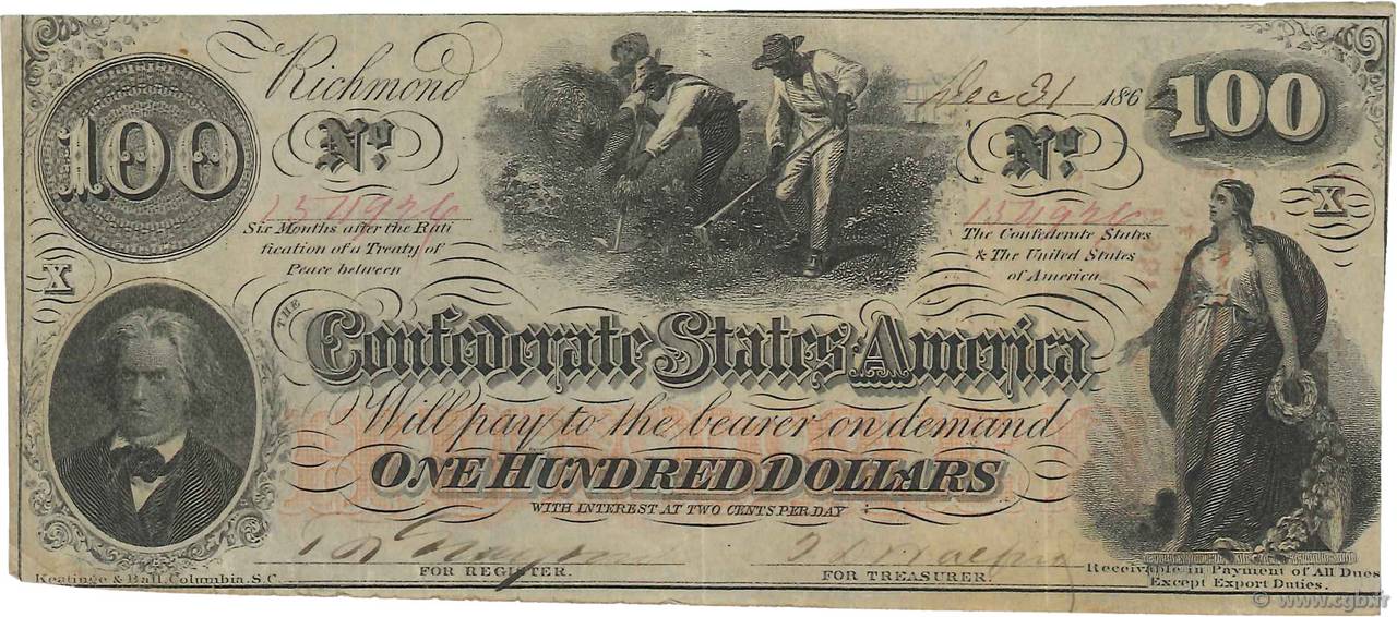 100 Dollars ÉTATS CONFÉDÉRÉS D AMÉRIQUE  1862 P.45 TTB