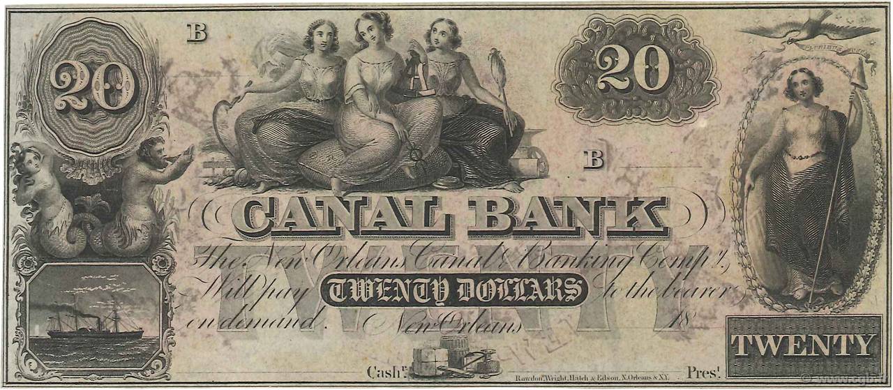 20 Dollars Non émis ÉTATS-UNIS D AMÉRIQUE Nouvelle Orléans 1850 Haxby.G.36a NEUF