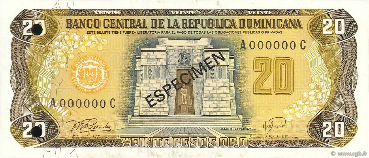 20 Pesos Oro Spécimen RÉPUBLIQUE DOMINICAINE  1978 P.120s1 pr.NEUF