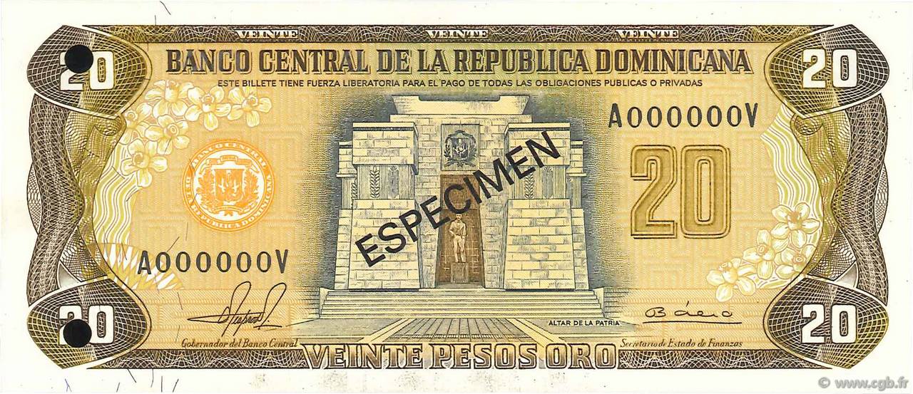 20 Pesos Oro Spécimen RÉPUBLIQUE DOMINICAINE  1981 P.120s1 NEUF
