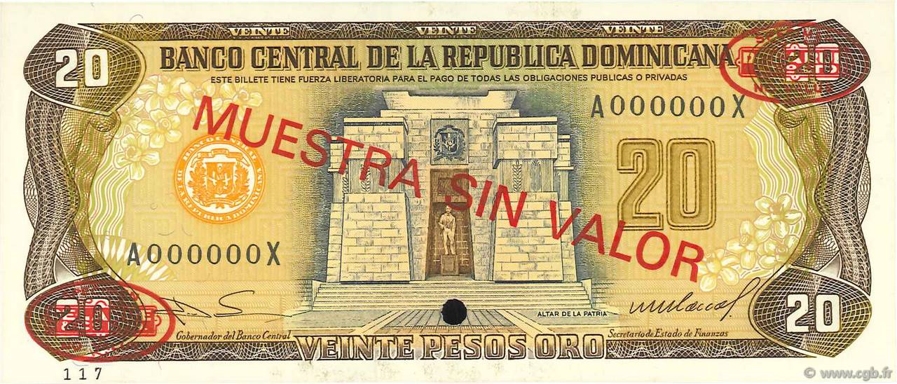 20 Pesos Oro Spécimen DOMINICAN REPUBLIC  1985 P.120s2 UNC