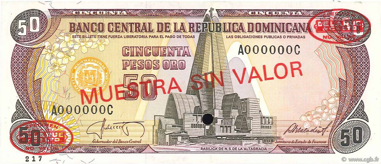 50 Pesos Oro Spécimen RÉPUBLIQUE DOMINICAINE  1987 P.121s3 ST