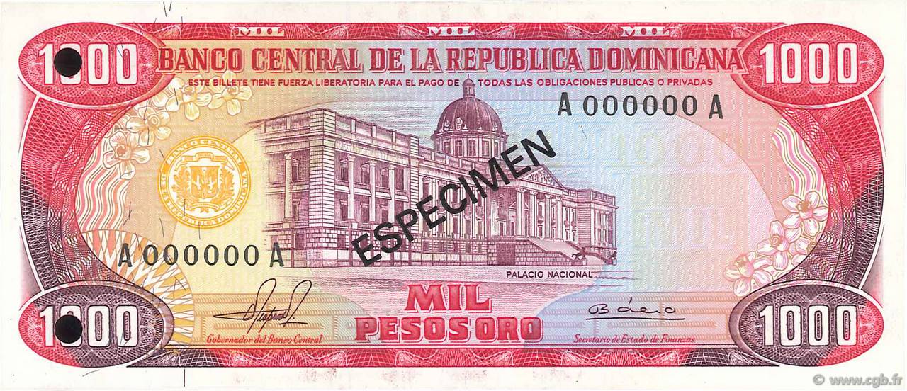 1000 Pesos Oro Spécimen RÉPUBLIQUE DOMINICAINE  1981 P.124s1 UNC