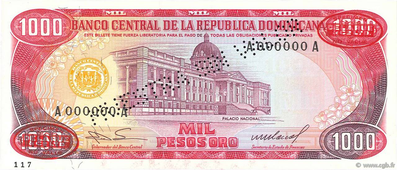 1000 Pesos Oro Spécimen RÉPUBLIQUE DOMINICAINE  1985 P.124s2 NEUF