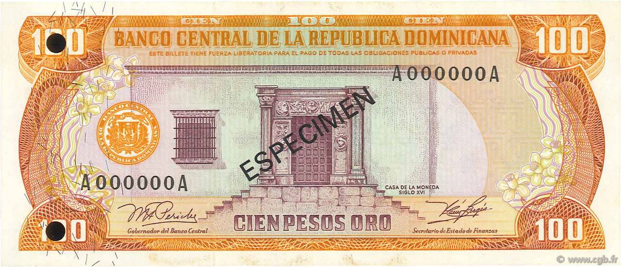 100 Pesos Oro Spécimen RÉPUBLIQUE DOMINICAINE  1982 P.125As1 NEUF