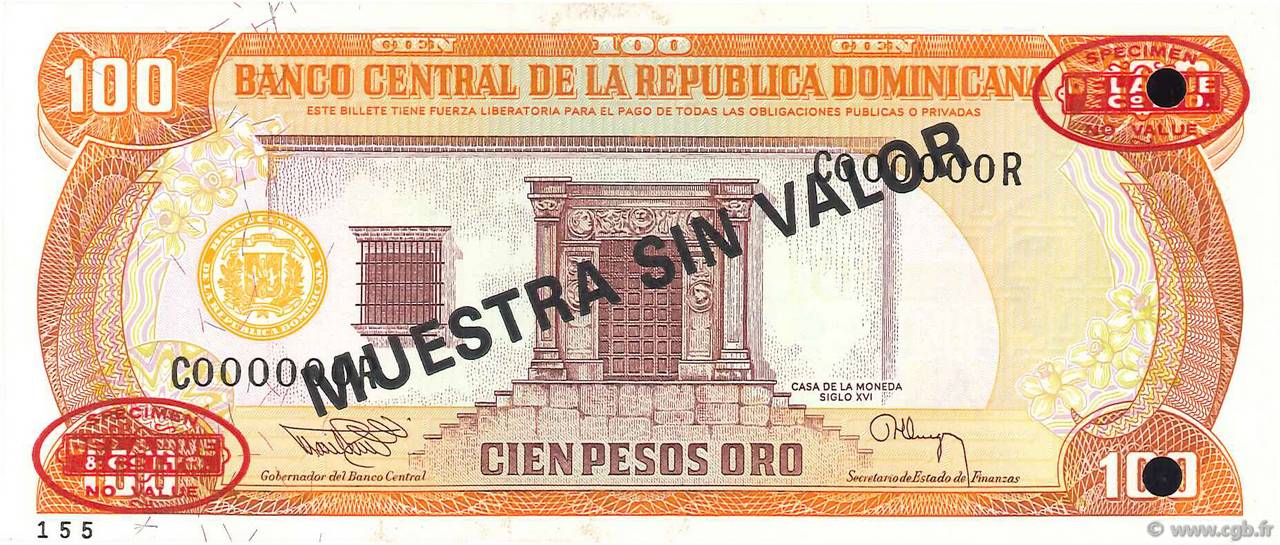 100 Pesos Oro Spécimen RÉPUBLIQUE DOMINICAINE  1994 P.136s2 NEUF