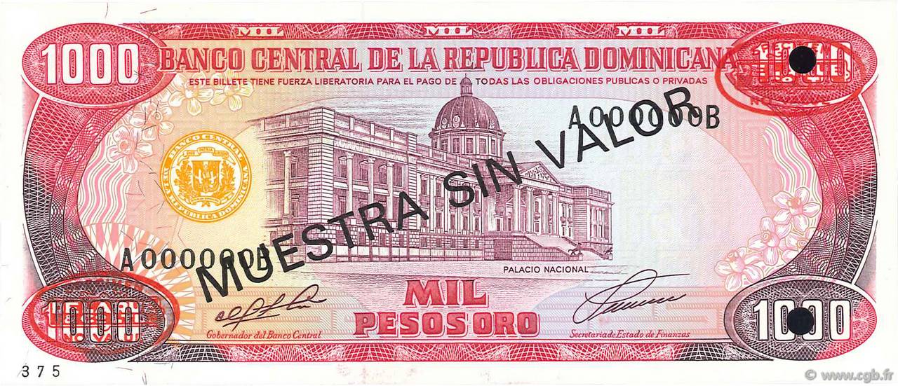 1000 Pesos Oro Spécimen RÉPUBLIQUE DOMINICAINE  1991 P.138s1 NEUF