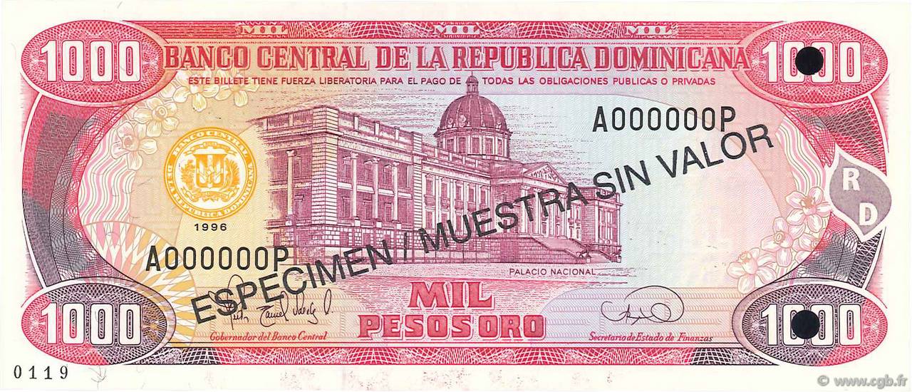 1000 Pesos Oro Spécimen RÉPUBLIQUE DOMINICAINE  1996 P.158s1 NEUF