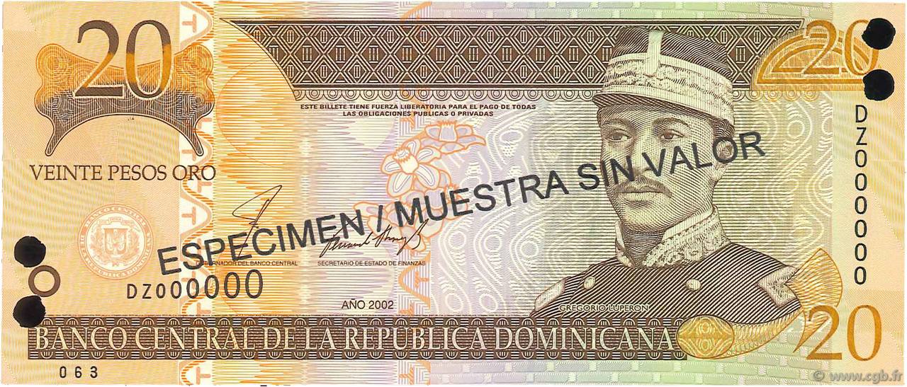 20 Pesos Oro Spécimen RÉPUBLIQUE DOMINICAINE  2002 P.169s1 FDC