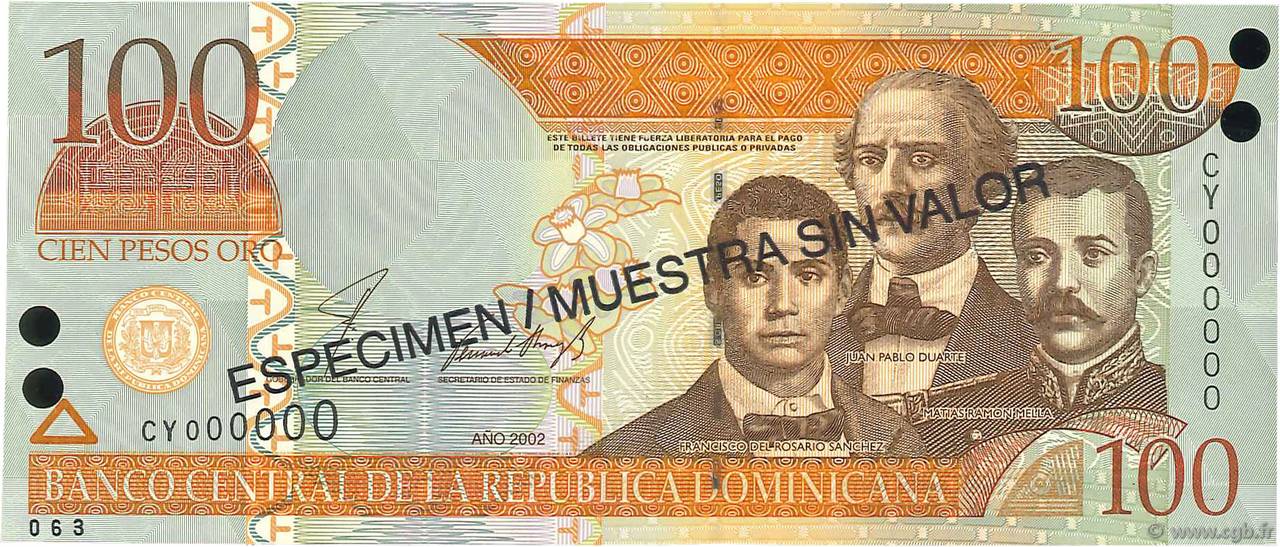 100 Pesos Oro Spécimen RÉPUBLIQUE DOMINICAINE  2002 P.171s2 FDC