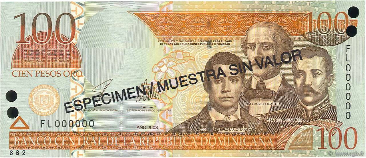 100 Pesos Oro Spécimen RÉPUBLIQUE DOMINICAINE  2003 P.171s3 UNC