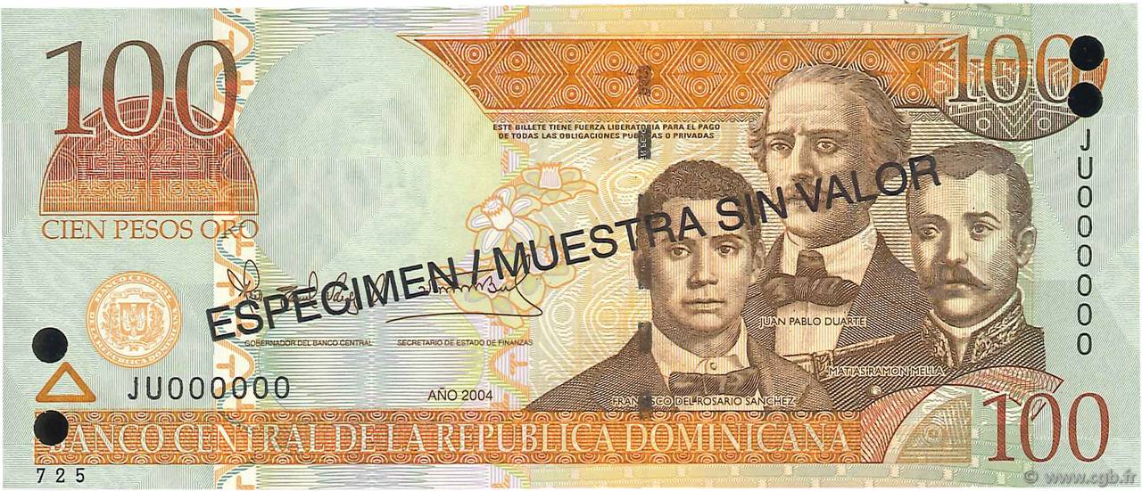 100 Pesos Oro Spécimen RÉPUBLIQUE DOMINICAINE  2004 P.171s4 ST
