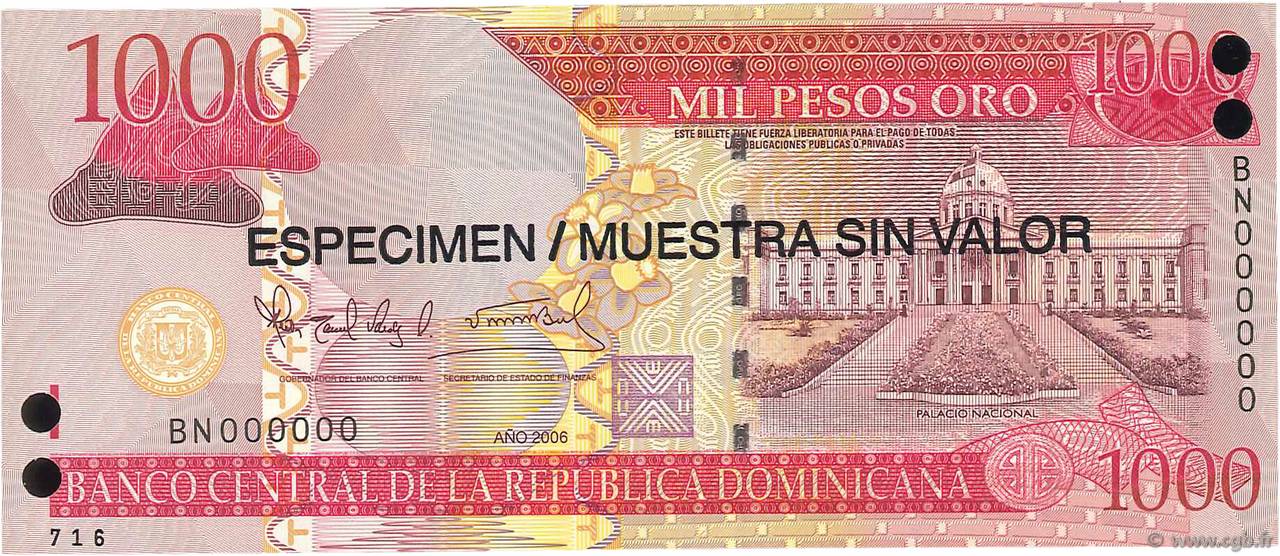 1000 Pesos Oro Spécimen RÉPUBLIQUE DOMINICAINE  2006 P.180s1 FDC