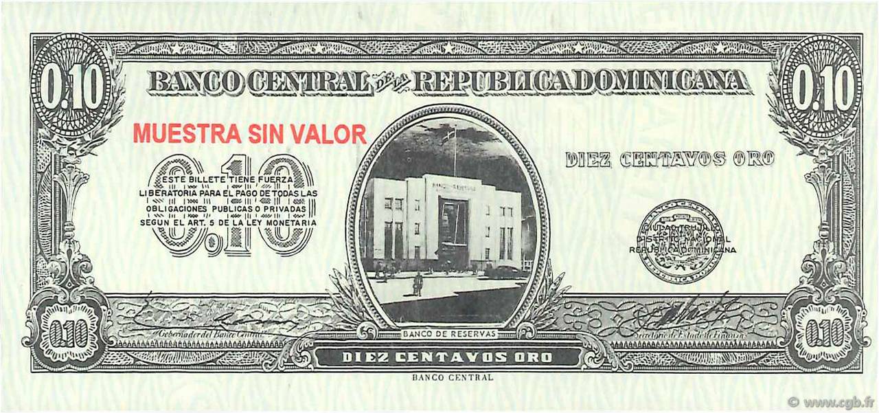 10 Centavos Oro Spécimen RÉPUBLIQUE DOMINICAINE 1961 P.086s pr.NEUF