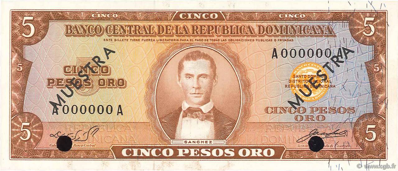 5 Pesos Oro Spécimen RÉPUBLIQUE DOMINICAINE  1964 P.100s1 NEUF