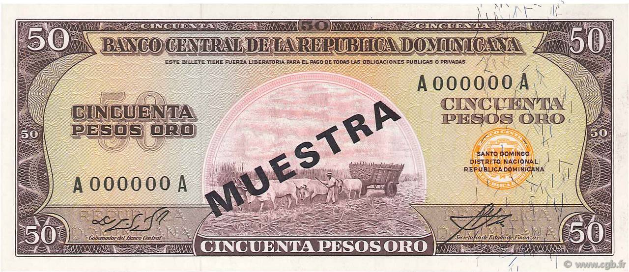 50 Pesos Oro Spécimen RÉPUBLIQUE DOMINICAINE  1964 P.103s2 pr.NEUF