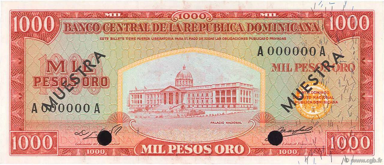 1000 Pesos Oro Spécimen RÉPUBLIQUE DOMINICAINE  1964 P.106s2 UNC-