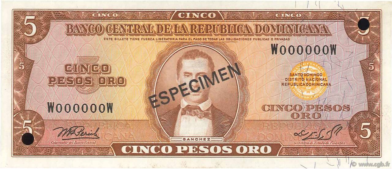 5 Pesos Oro Spécimen RÉPUBLIQUE DOMINICAINE  1976 P.109s NEUF