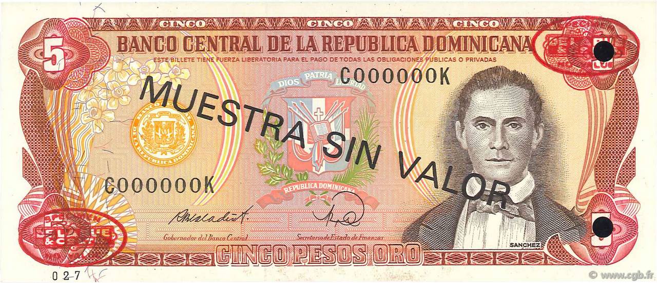 5 Pesos Oro Spécimen RÉPUBLIQUE DOMINICAINE  1988 P.118s3 NEUF