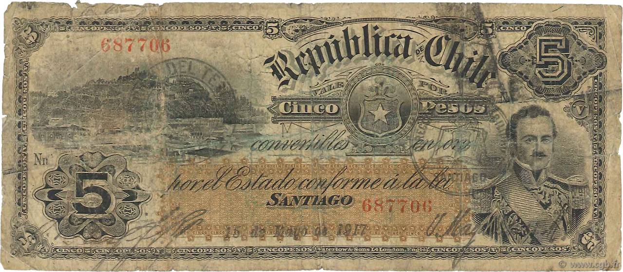 5 Pesos CHILI  1917 P.018b B