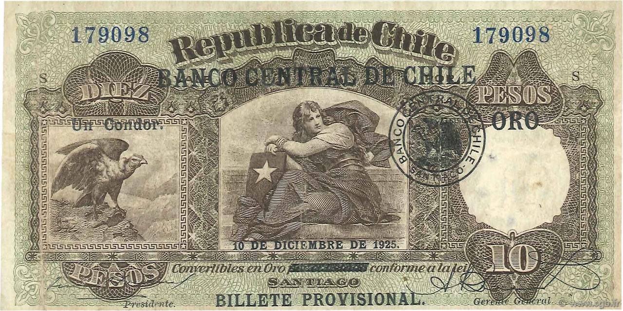 10 Pesos - 1 Condor CHILI  1925 P.074 TTB