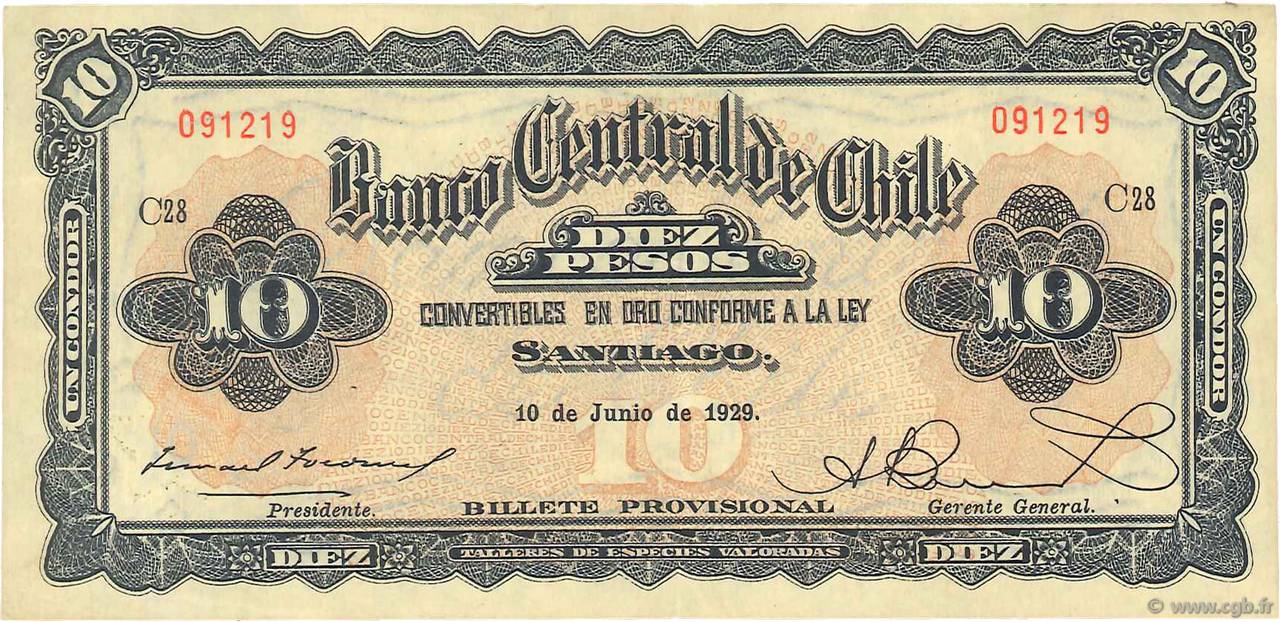 10 Pesos - 1 Condor CHILI  1929 P.083b TTB+