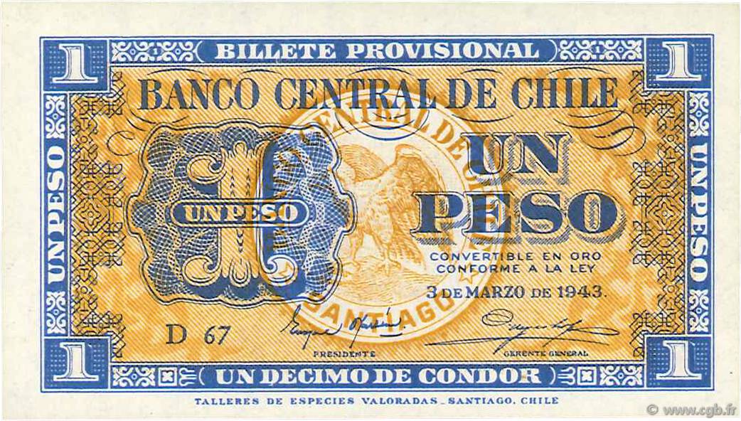 1 Peso - 1/10 Condor CHILI  1943 P.090d pr.NEUF