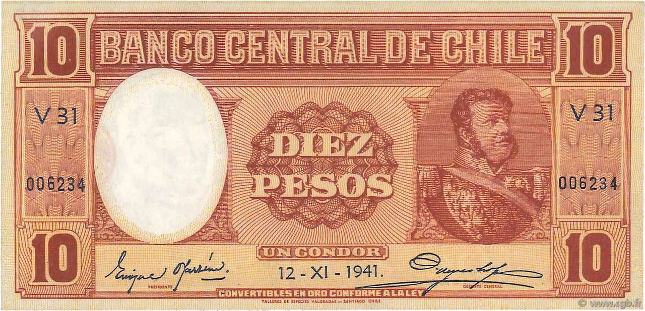 10 Pesos - 1 Condor CHILI  1941 P.092d SPL