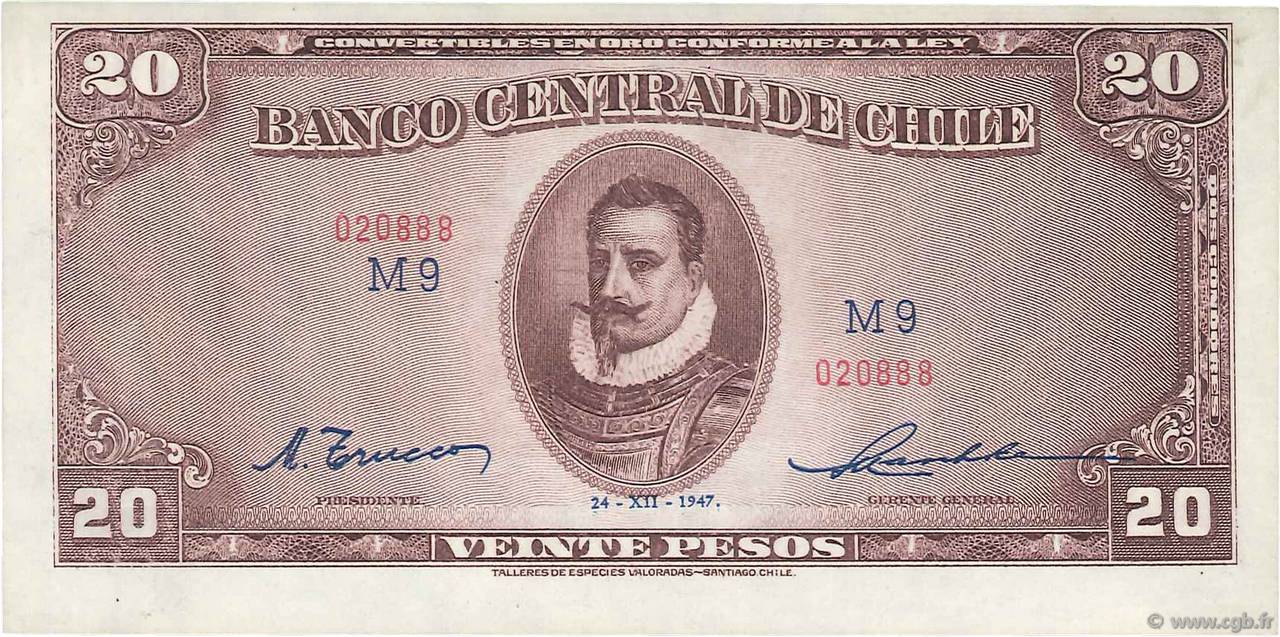 20 Pesos - 2 Condores Fauté CHILI  1947 P.093b SPL