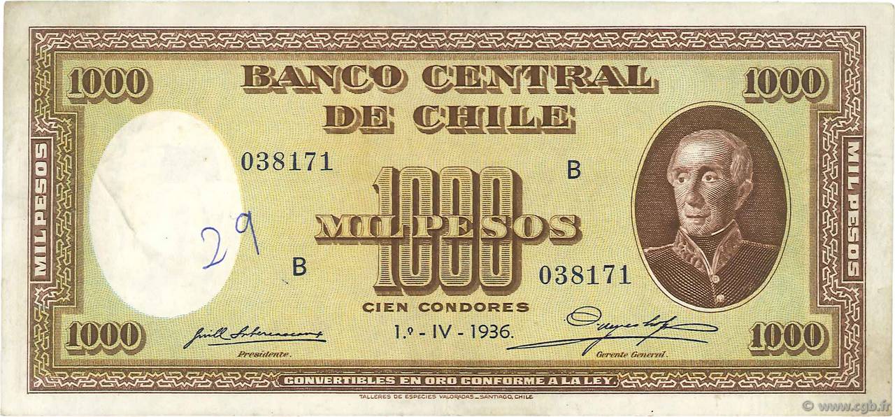 1000 Pesos - 100 Condores CHILI  1936 P.099 TTB