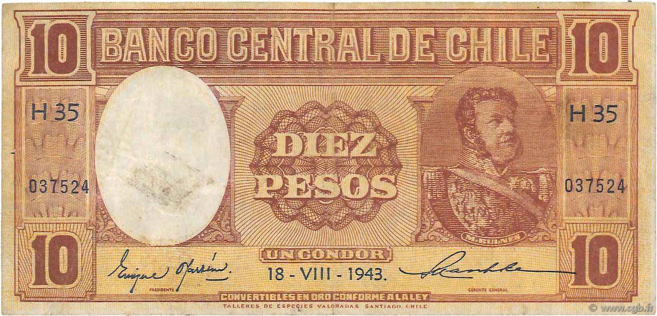 10 Pesos - 1 Condor CHILI  1943 P.103 TTB