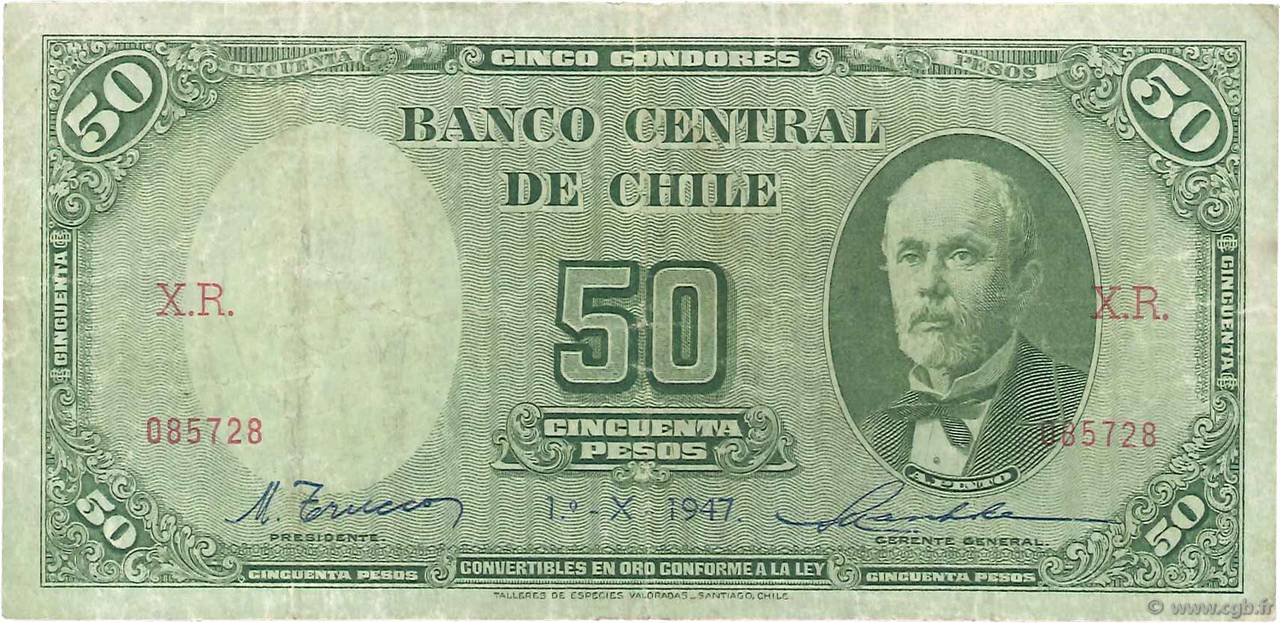 50 Pesos - 5 Condores CHILI  1947 P.104 TB