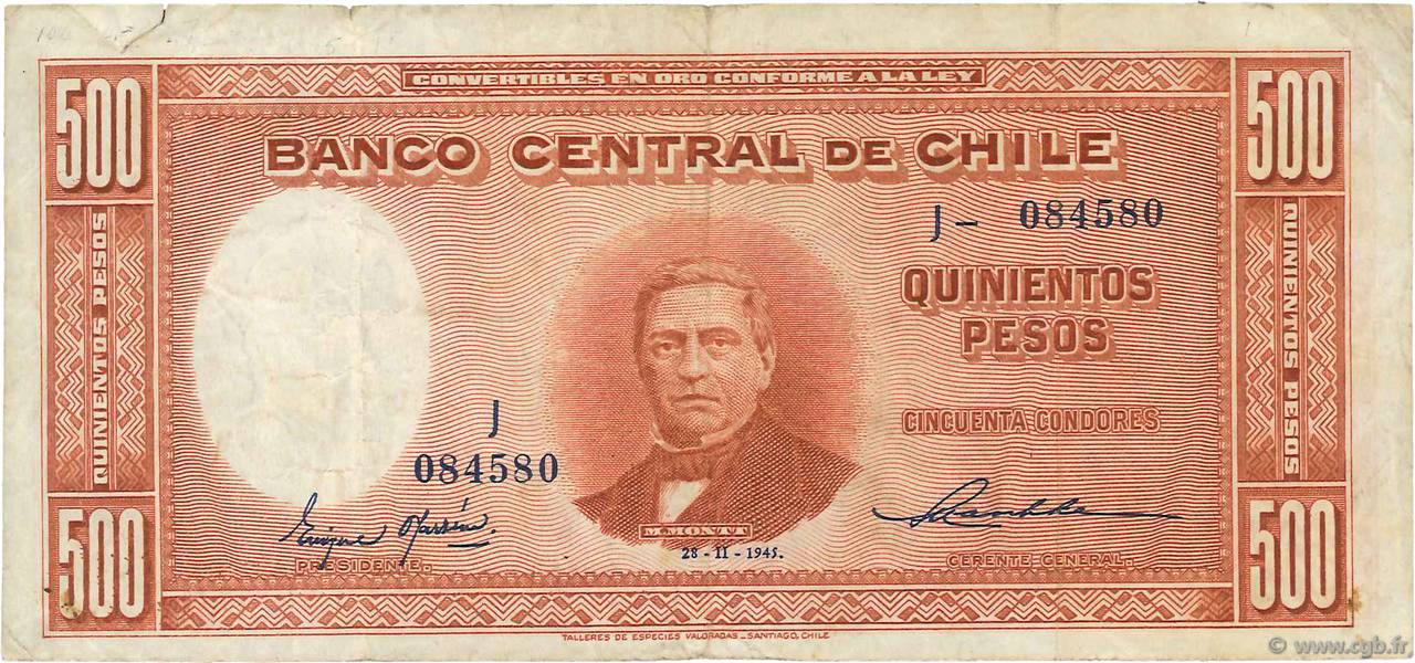 500 Pesos - 50 Condores CHILI  1945 P.106 pr.TTB