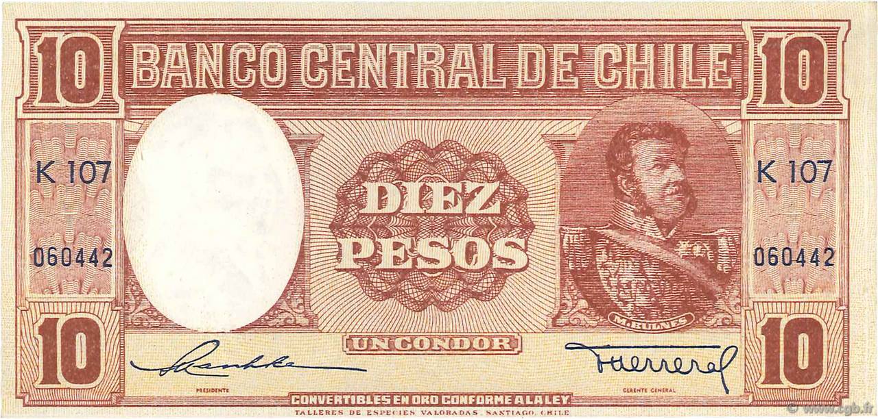 10 Pesos - 1 Condor CHILI  1947 P.111 SPL