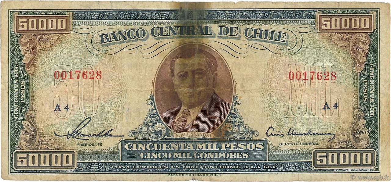 50000 Pesos - 5000 Condores CHILI  1958 P.123 B