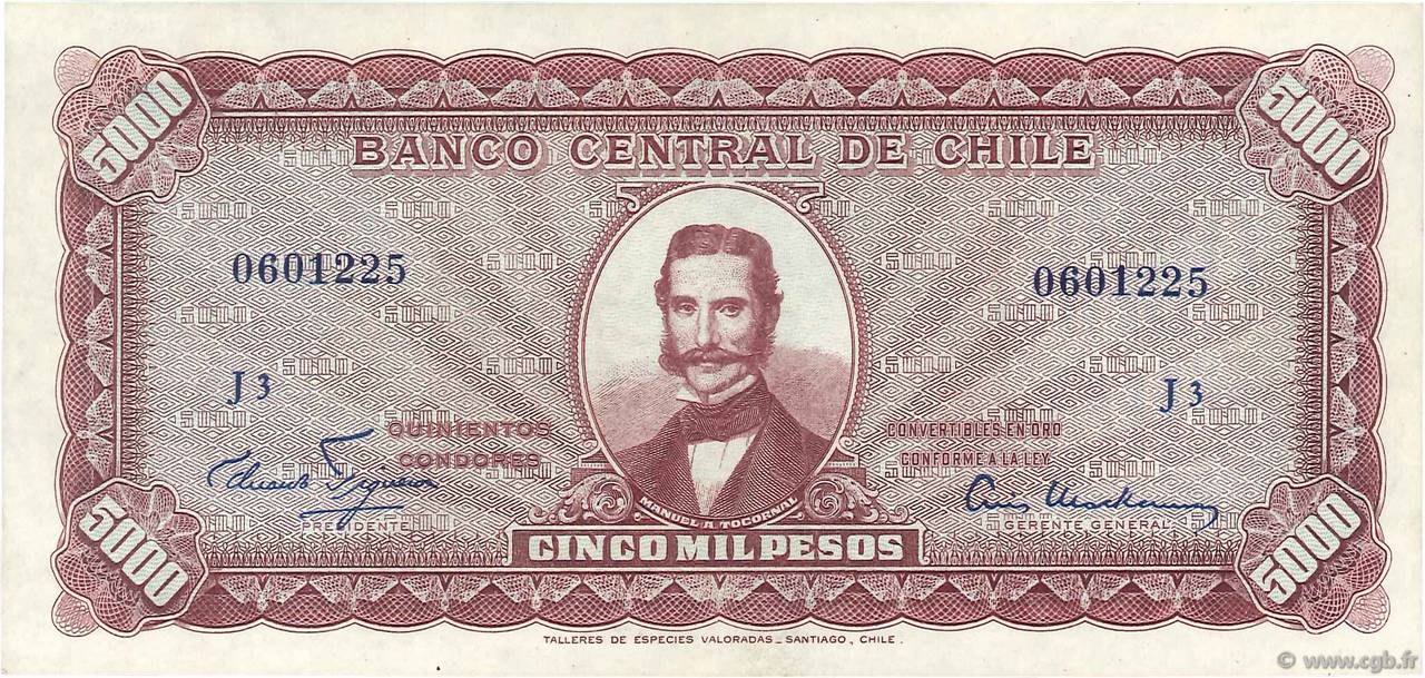 5 Escudos sur 5000 Pesos CHILI  1960 P.130 SUP+