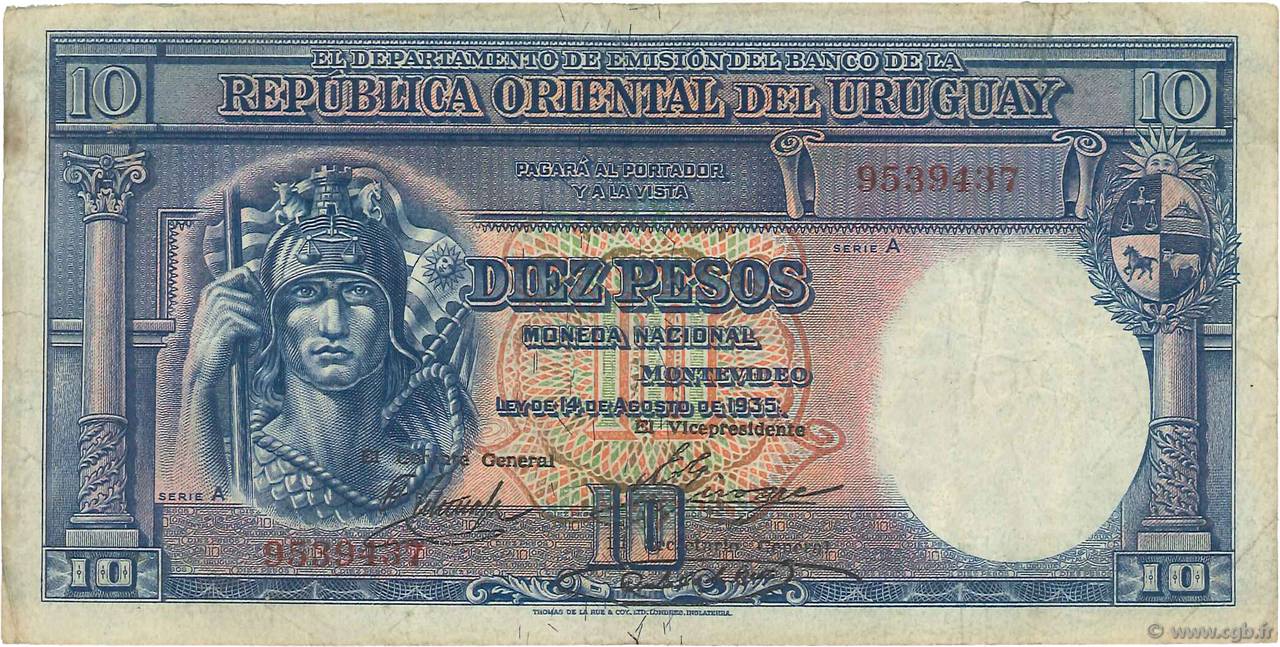 10 Pesos URUGUAY  1935 P.030b VF