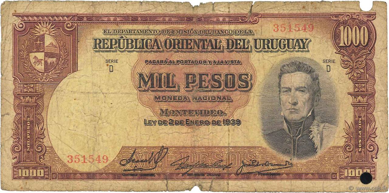 1000 Pesos URUGUAY  1939 P.041c AB