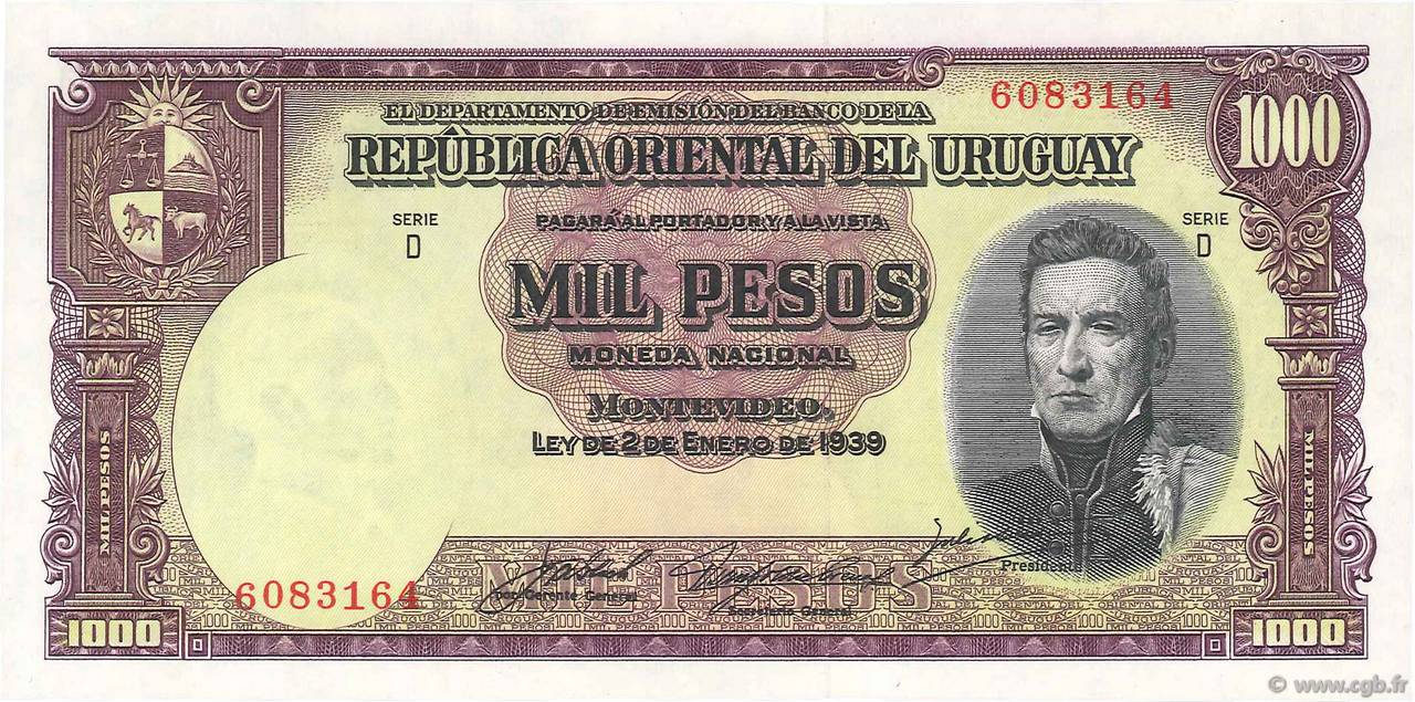 1000 Pesos URUGUAY  1939 P.041c SPL